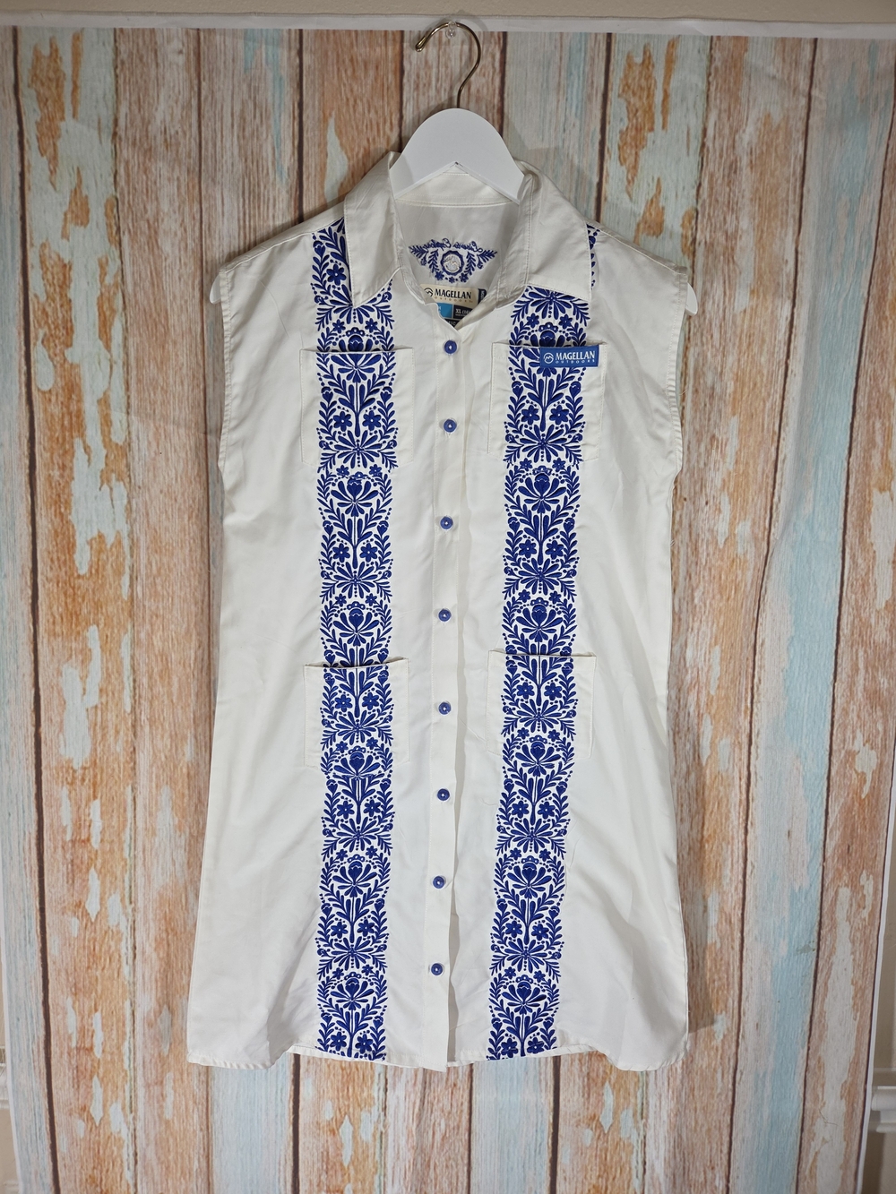 Magellan Outdoors White Sleeveless Midi Dress with Blue Embroidery